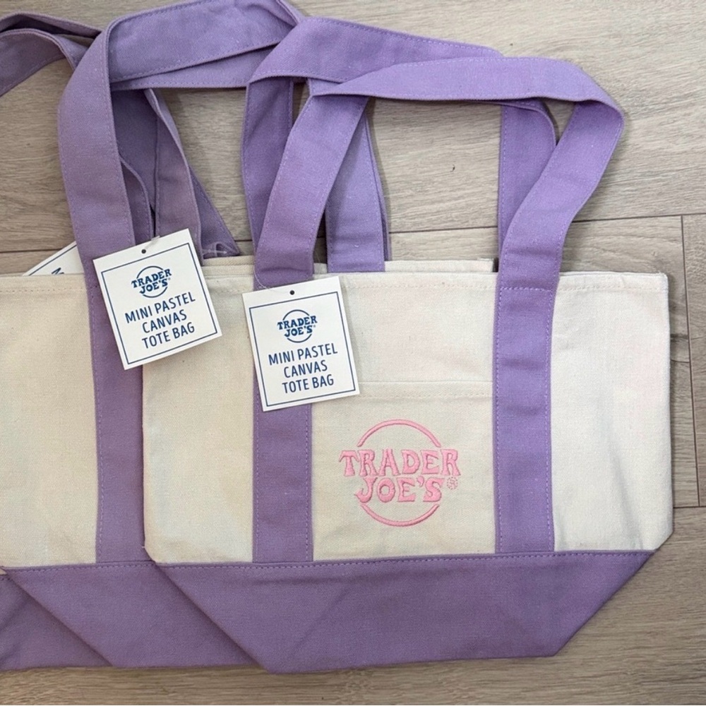 NWT Set of 3 Trader Joe's Mini Purple and Cream Canvas Tote Bags